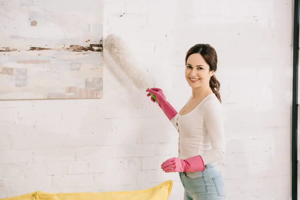 Woman about to dust though it's not the best way to clean a painting