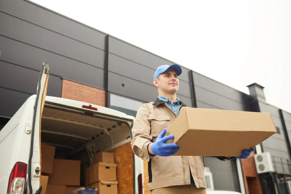 Man behind an courier van delivering a flat box for a customer who doesn't like to travel with art