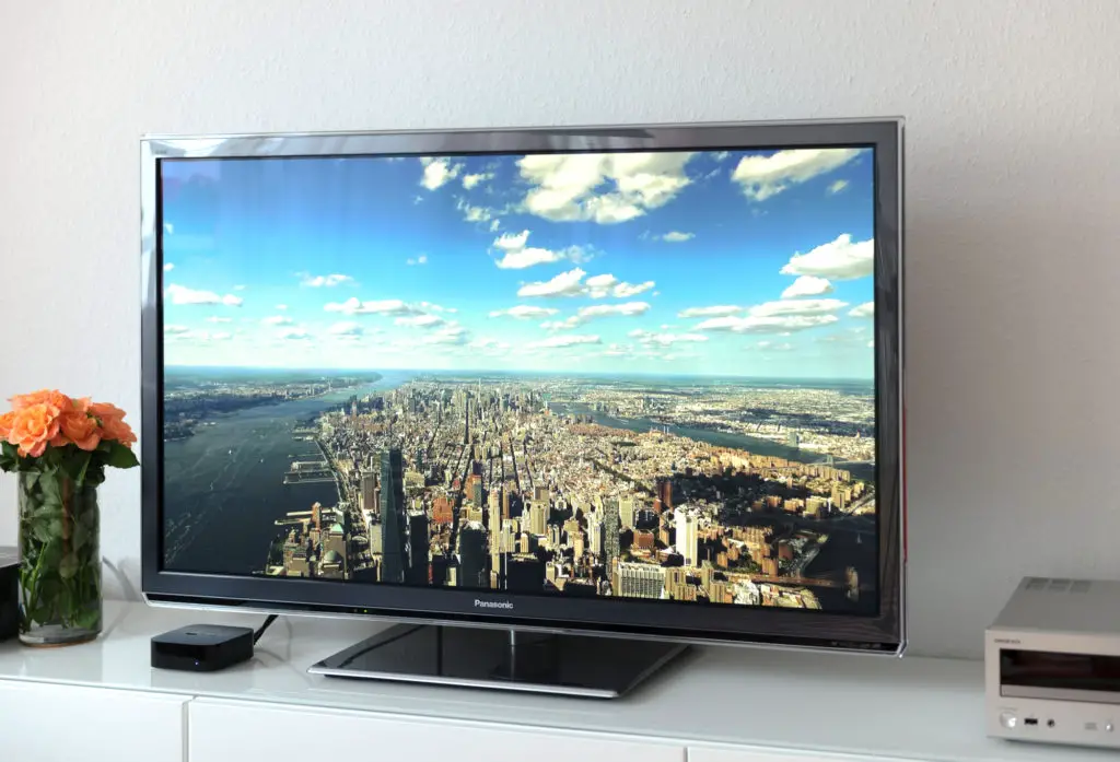 Smart TV showing a beautiful aerial photograph of Paris.