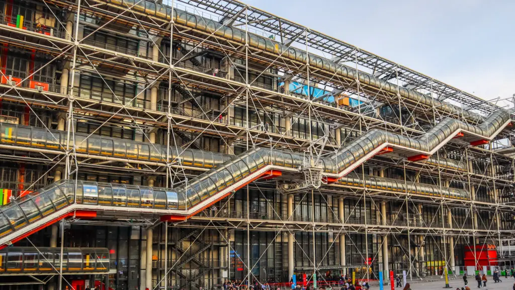 Glass-enclosed staircase of Pompidou Center one of the best Paris art galleries and museums