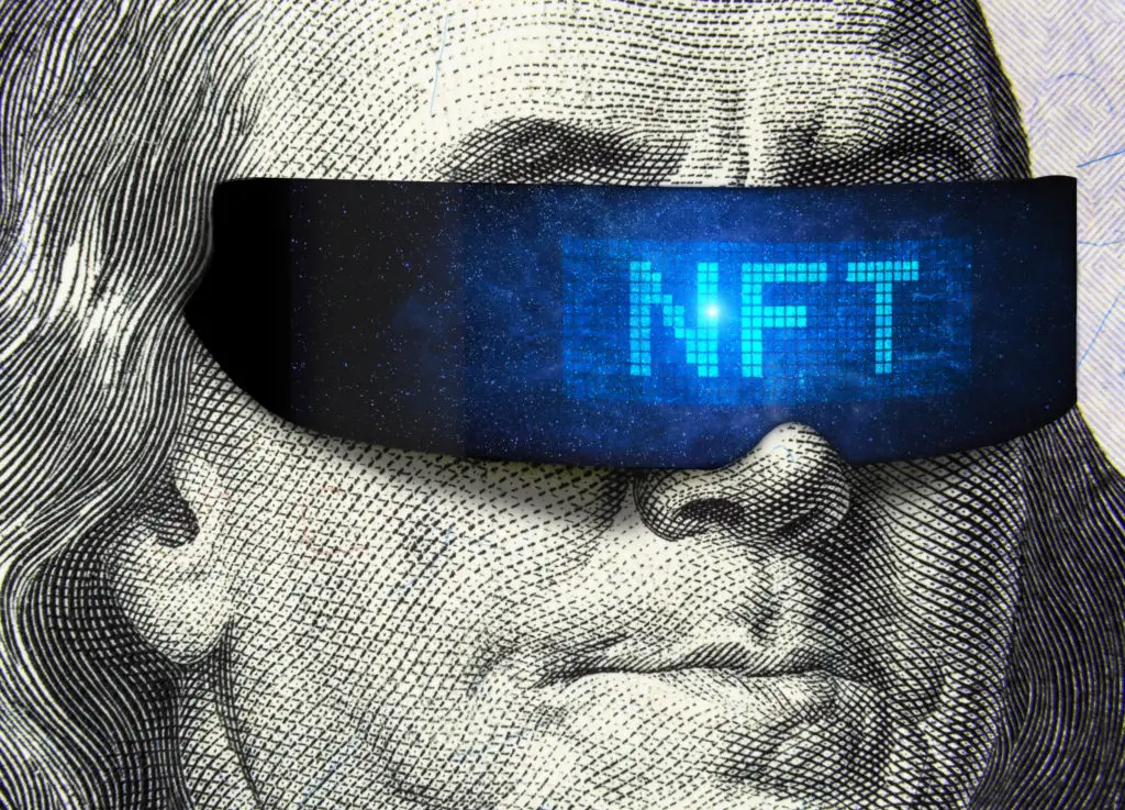 Franklin on 100 dollar bill with cyber glasses depicting why NFTs are stupid.