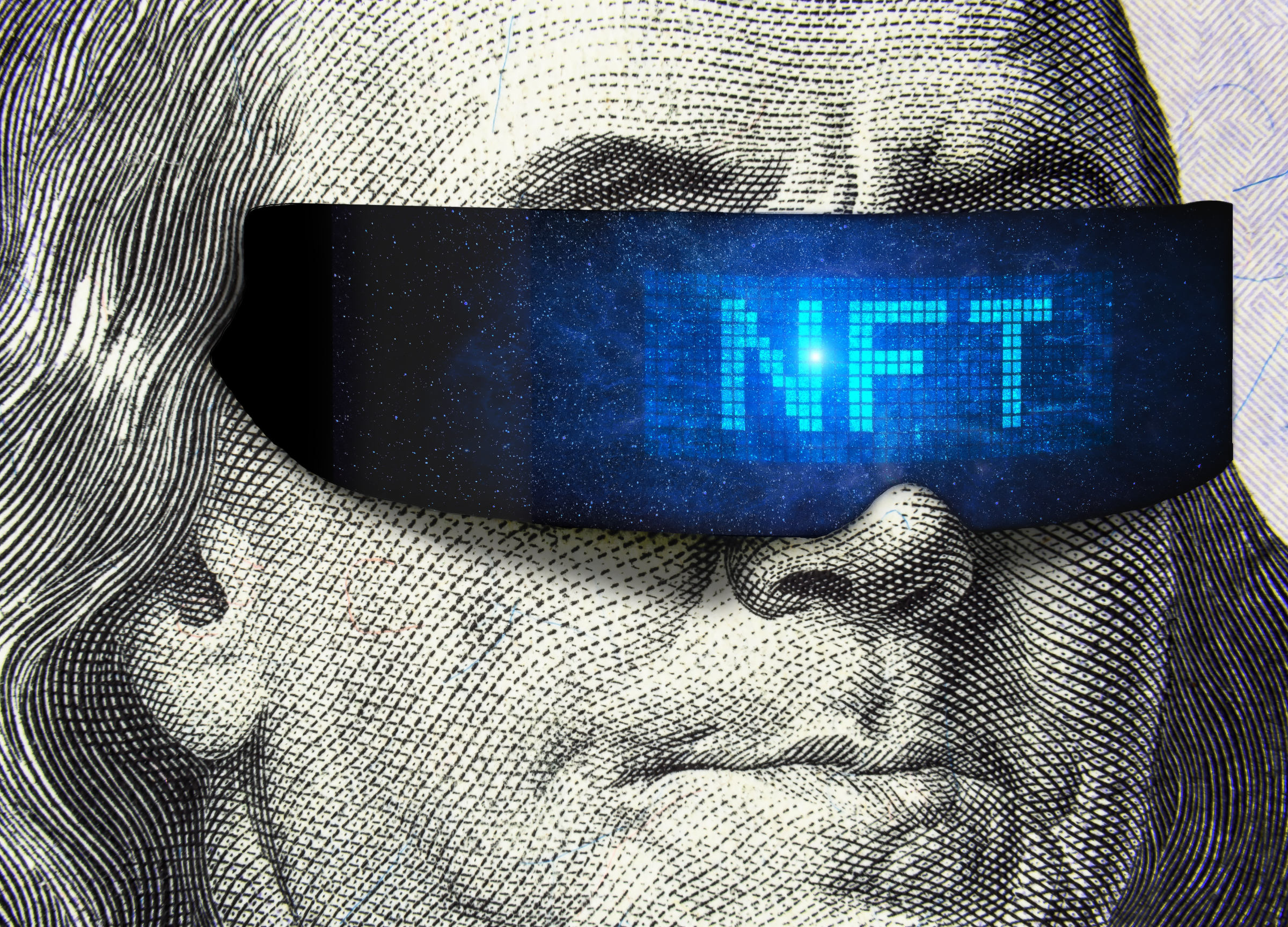 Franklin on 100 dollar bill with cyber glasses for NFT art.