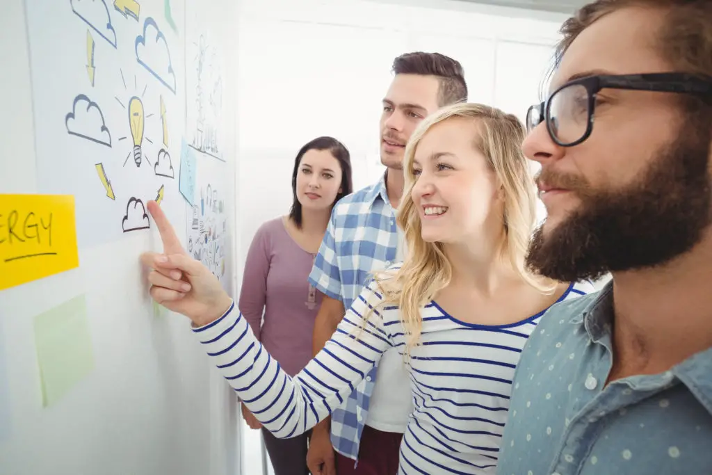 A group of coworkers use sticky notes to stick a poster to the wall without damaging the paint.