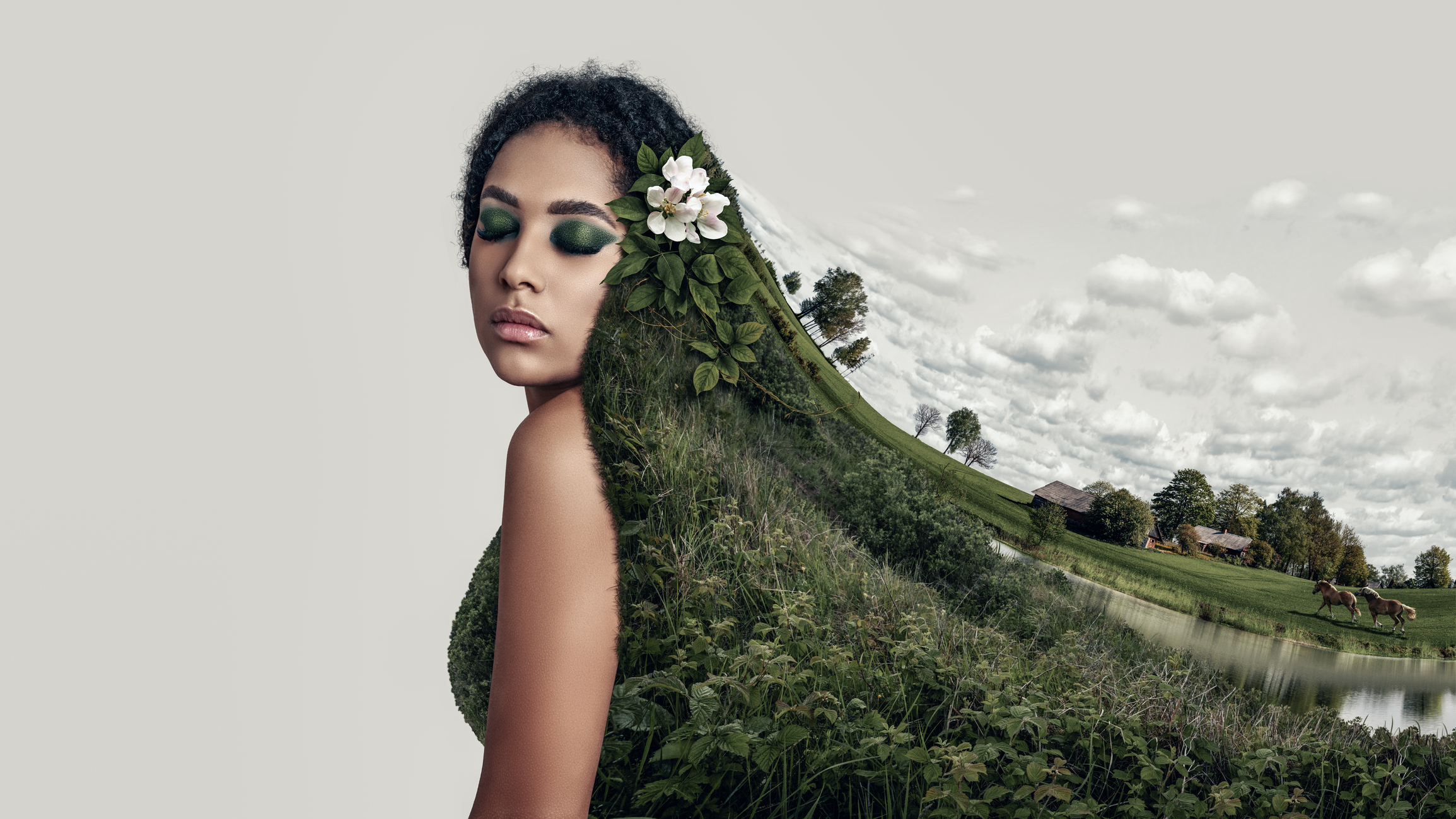 AI generated artwork of a woman in a dress made of grass merged with an image of a grassy field.