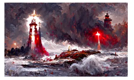 A beautiful painting of a singular lighthouse, shining its light across a tumultuous sea of blood by greg rutkowski and thomas kinkade