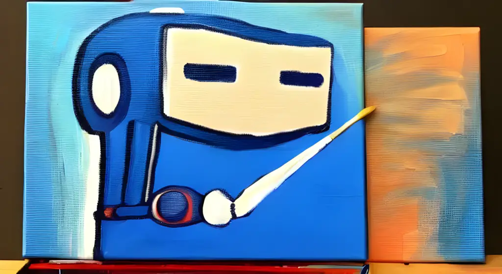 AI-generated image of a robot on canvas painting another canvas after receiving AI art prompt tips