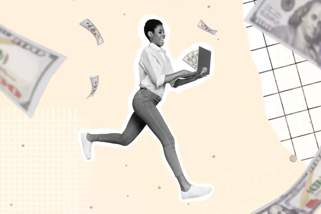 3-D retro image of a person holding a laptop with cash coming out of it to represent the money to be made selling AI generated art.