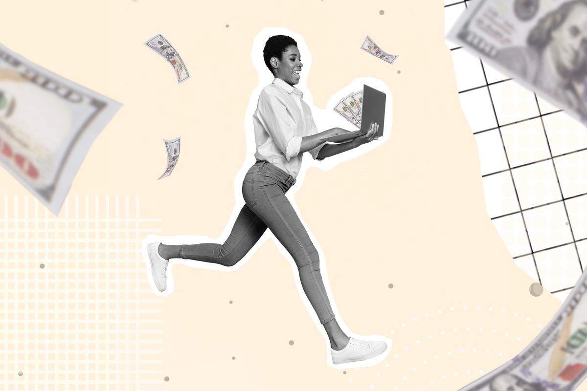 3-D retro image of a person holding a laptop with cash coming out of it to represent the money to be made selling AI generated art.